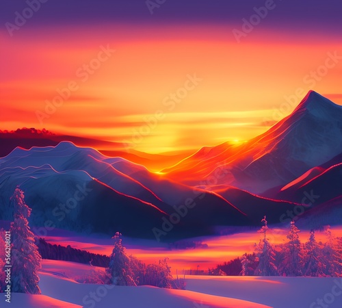 Winter Sunset Mountain, Generative AI Illustration