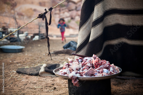 A platter of chopped goat meat at a Bedouin encampment in Wadi Rum, Jordan.
