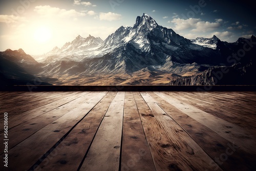 Empty wooden floor tabletop with rocky mountain landscape backgrounds generative ai,