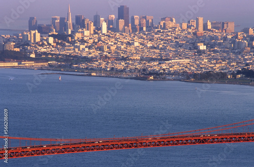 Scenic view of Golden Gate bridge as highway 101 winds across it with San Francisco in background. photo