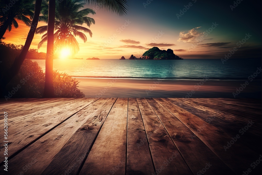 Empty wooden floor with tropical sunset beach background generative ai - obrazy, fototapety, plakaty 