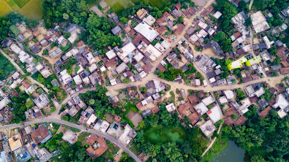 Aerial landscape view of a village in India, drone shot of Rural India