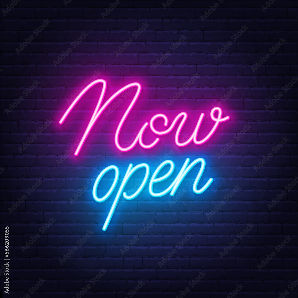 Now Open neon sign on brick wall background. Now Open neon sign on brick wall background.