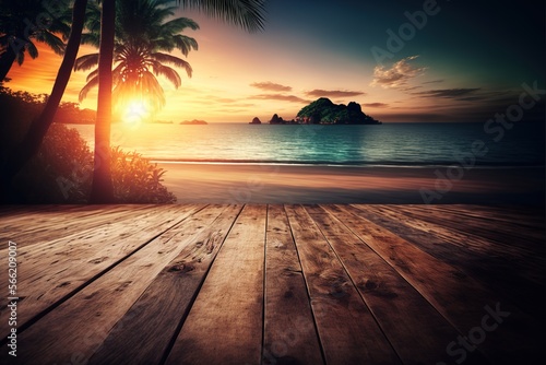 Empty wooden floor with tropical sunset beach background generative ai © Arisctur