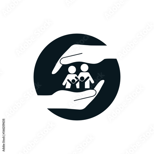 Father, mother, daughter and son. two hands protect them. Hold in space or sun icon design. Family care Silhouette Vector. 