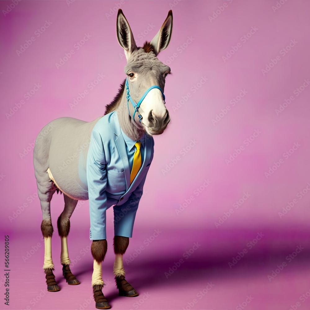 Abstract funny animal portrait of a donkey dressed as a man, a