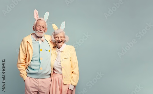A romantic love date of a old grandparents couple in love at Easter pastel party with bunny ears, happiness and celebration. Illustration. Generative AI.