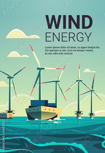 offshore wind farm with turbines and ship in sea or ocean renewable water station energy production alternative power generation