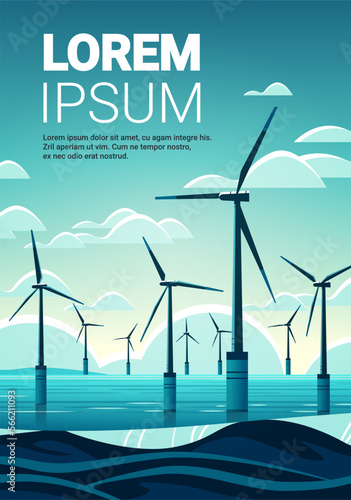 offshore wind farm with turbines in sea or ocean renewable water station energy production alternative power generation