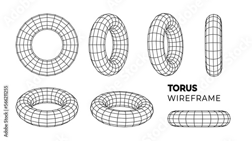 Wireframe torus set PNG. 3d geometric forms. Outline isolated model. Vector isometric shapes