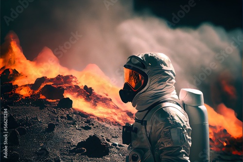 volcanologist in silver hazmat suit,  explosions of lava. Volcano. Ai Generative photo