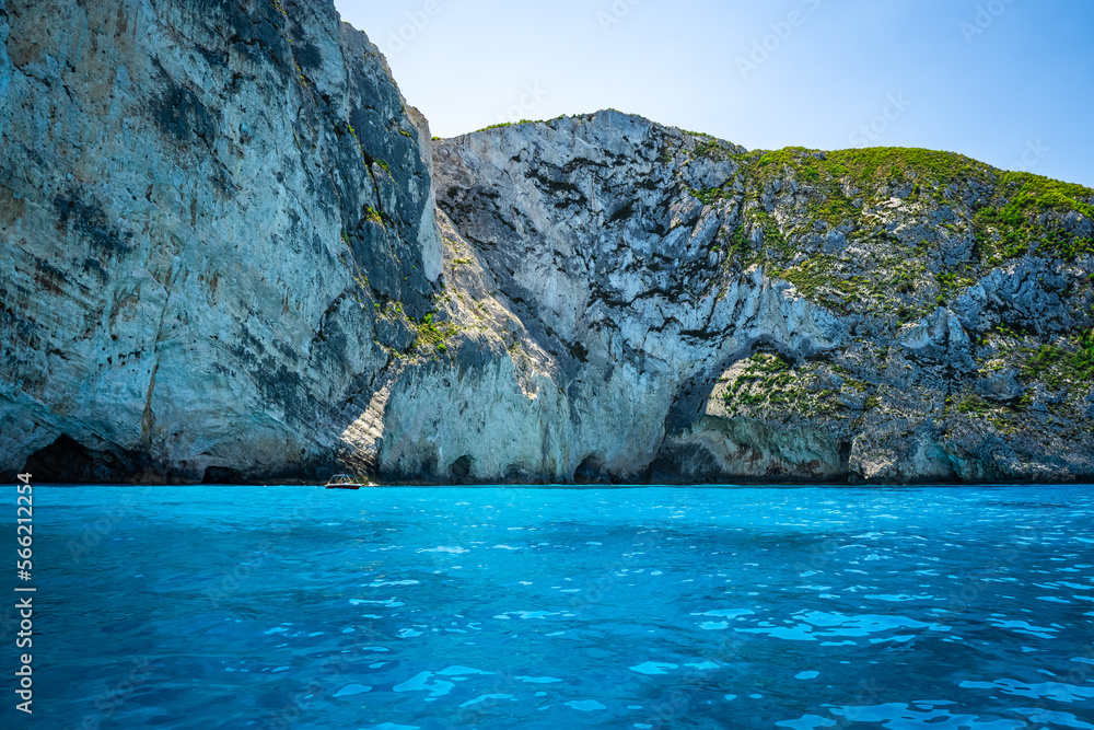 Fantastic view of the magnificent play of colors off the coast of Zakynthos with its crystal clear turquoise water and high cliffs rising from the sea