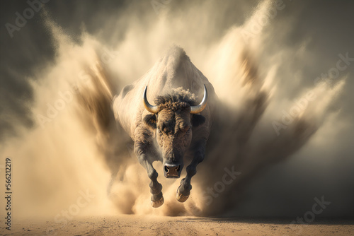 buffalo running with dust. stampede concept. generative ai photo