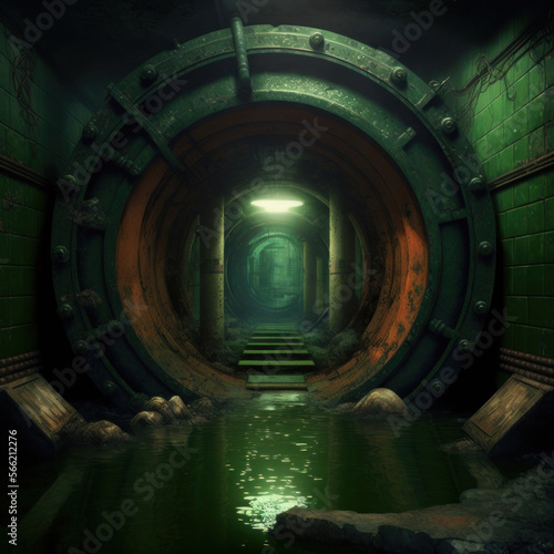 sewer interior underground with water. generative ai photo