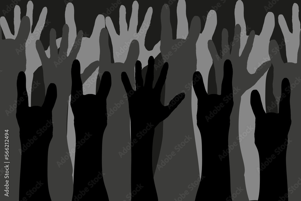Black and white silhouette of human hands. Big banner with silhouetes hands from rock concert.