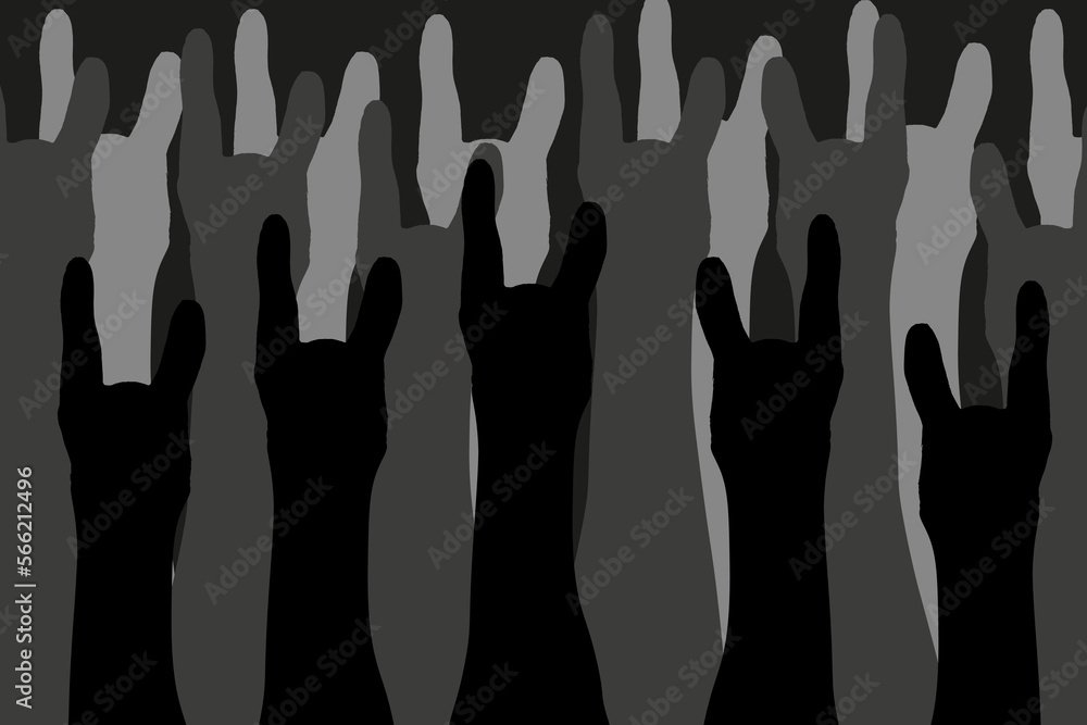 Black and white silhouette of human hands. Big banner with silhouetes hands from rock concert. Black and white silhouette of human hands. Big banner with silhouetes hands from rock concert.