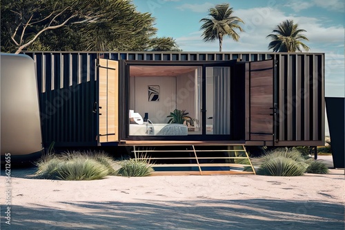 view of a luxury container house on tropical beach. Freelancer house. ai generative © ZoomTeam