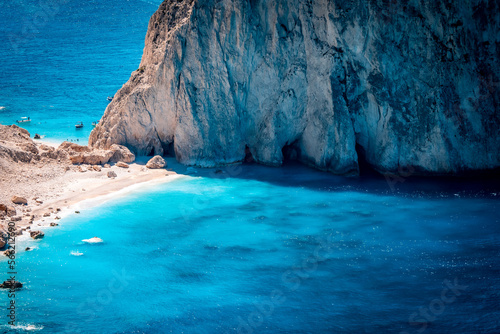 Myzithres beach, a secluded headland, one of the most scenic spots on the island of Zakynthos, Greece, with beautifully clear Mediterranean waters