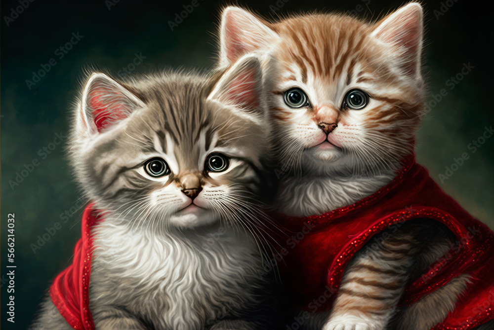 Portrait of adorable kittens dressed up as Santa Claus. Generative AI