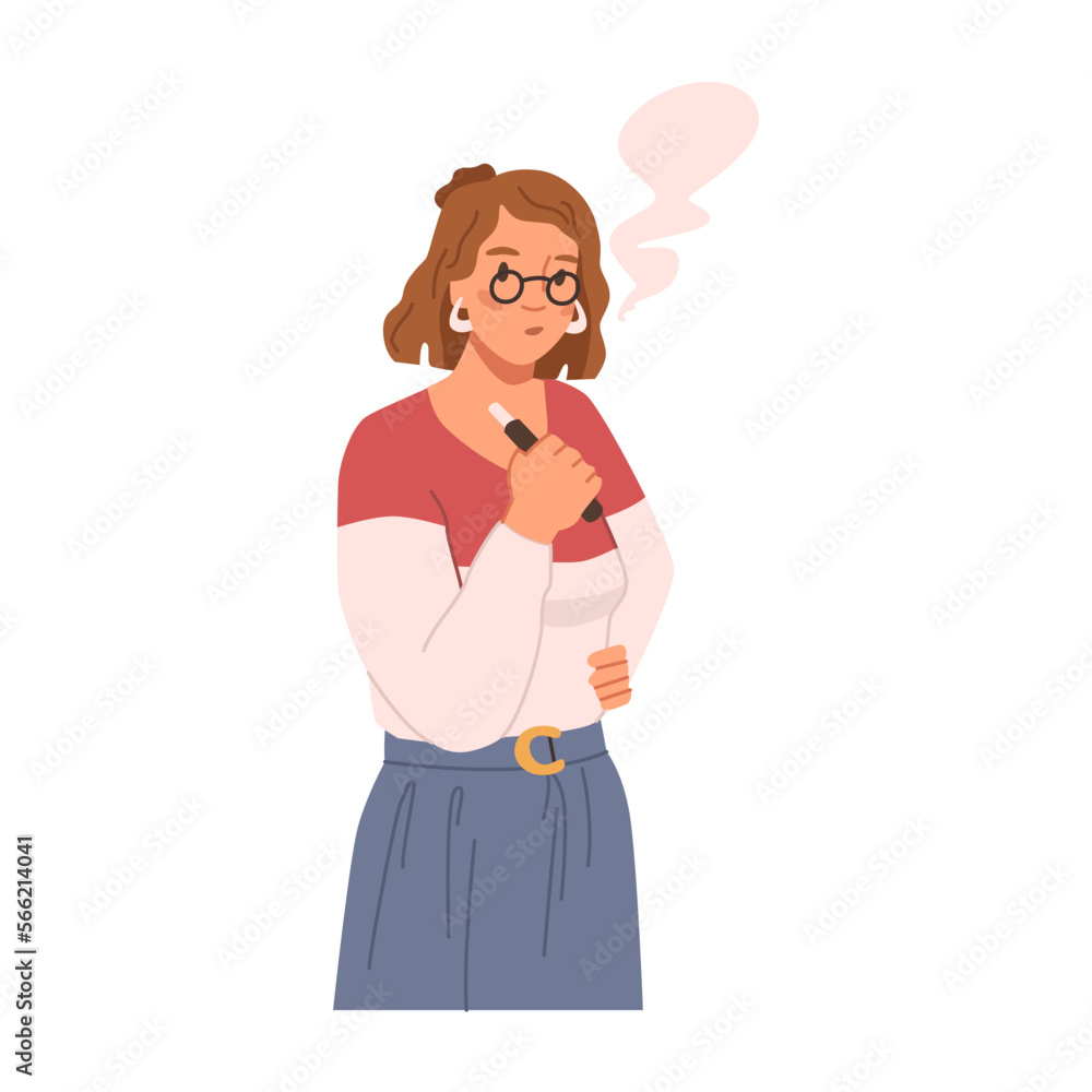 Smoker with electronic device for smoking, isolated woman with vape. Female character with cigarette, addiction to nicotine and bad habit. Vector in flat style Smoker with electronic device for smoking, isolated woman with vape. Female character with cigarette, addiction to nicotine and bad habit. Vector in flat style