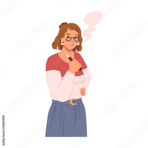 Smoker with electronic device for smoking, isolated woman with vape. Female character with cigarette, addiction to nicotine and bad habit. Vector in flat style