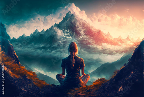 Unrecognizable woman meditating in a natural landscape at sunset. Yoga concept. Generative AI