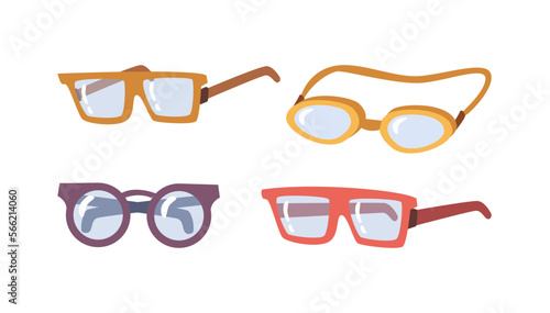 Spectacles and glasses with optical lenses for correction poor eyesight. Isolated variety and types of accessories and frames. Vector in flat cartoon style