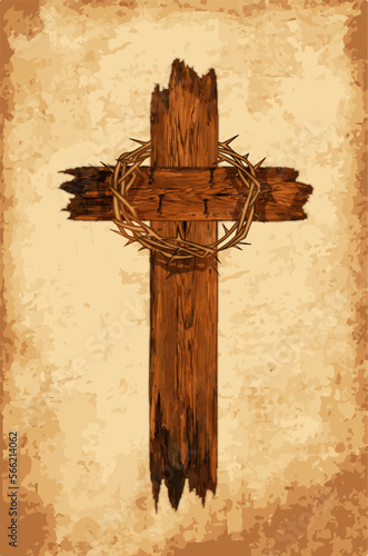Old wooden cross with crown of thorns, vector illustration