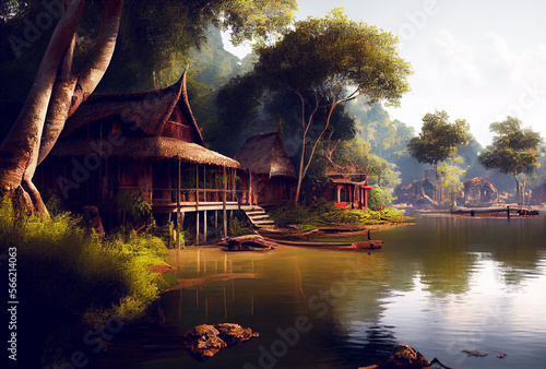 Thailand landscape. Traditional thai house near river. Generative AI Art. Beautiful view.