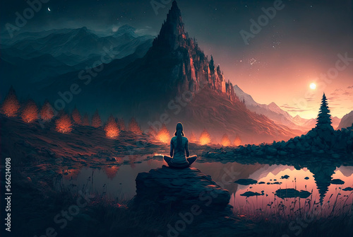 Unrecognizable woman meditating in a natural landscape at sunset. Yoga concept. Generative AI