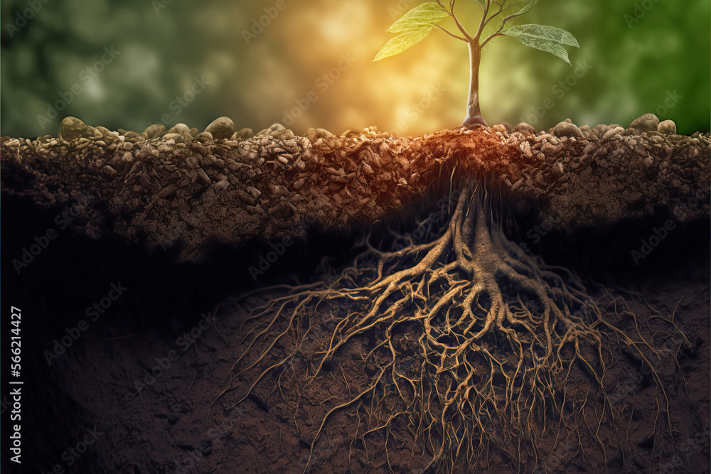 Roots of plant growing underground close up, layers of soil cross section, generative AI