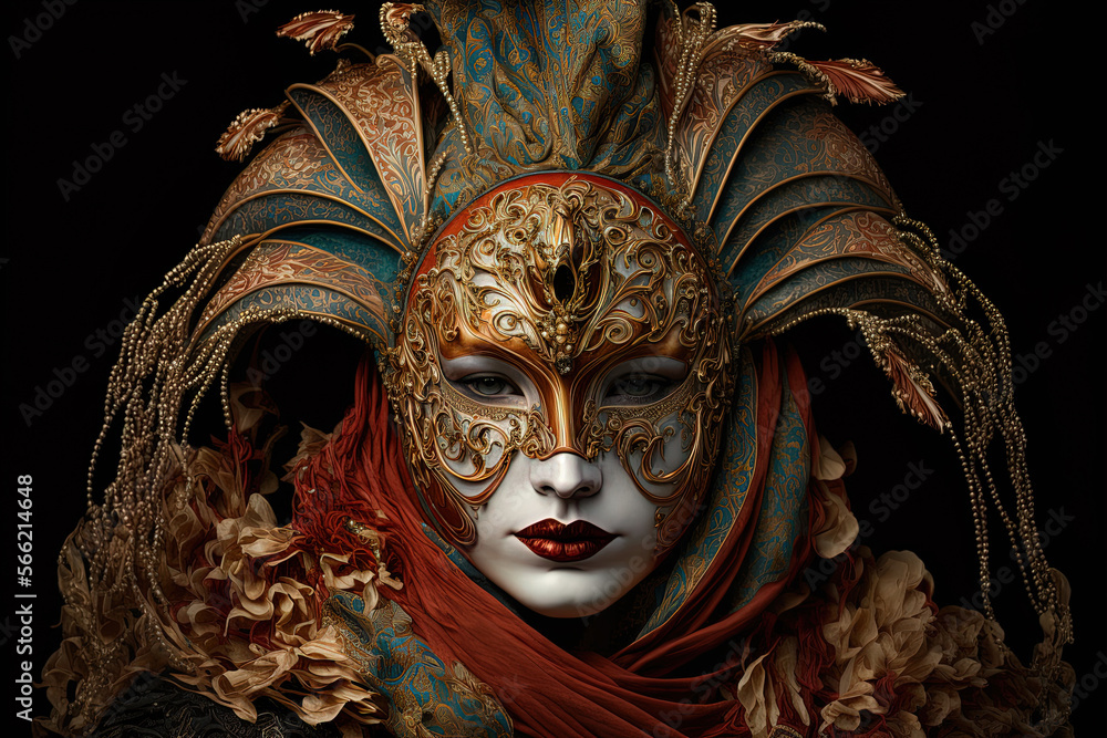 Portrait of a Lady Wearing a Venice Carnival Mask. Ai generated art