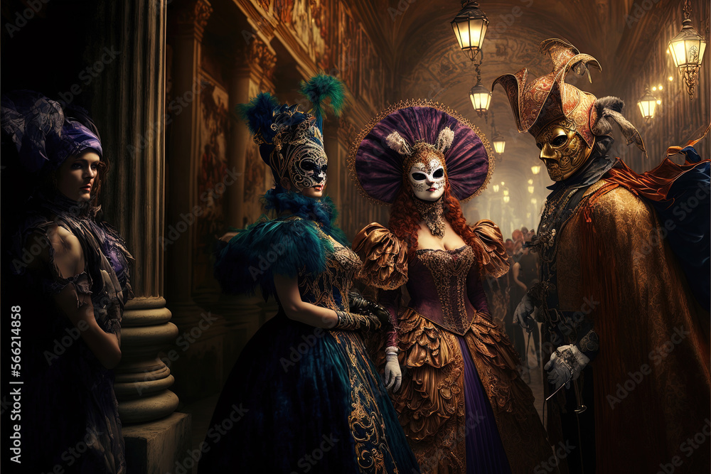 People wearing traditional costumes and masks at the carnival of Venice.Ai generated art