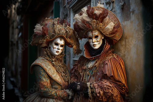 Man and woman wearing traditional costumes and masks at the carnival of Venice. Ai generated art