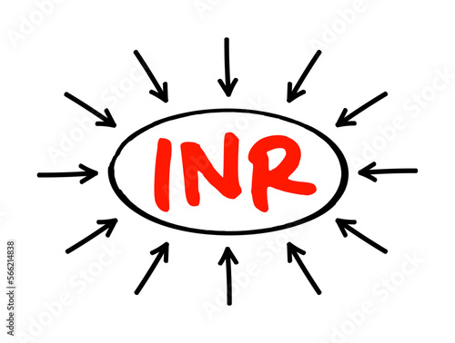 INR International Normalized Ratio - measures the time for the blood to clot, acronym text concept with arrows