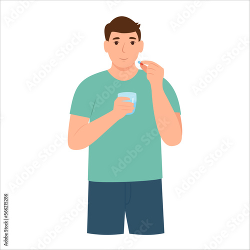 Man holds a pill in her hand and intends to take it. Guy taking  vitamin or supplement capsule pill with water.Medication treatment, pharmacy and medicine, concept. Vector illustration