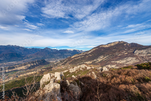 Trentino-Alto Adige Italy, panoramic view of Italian Alps, Brenta Dolomites and Sarca valley, from the mountain range of Monte Baldo. Lake Garda, Nago-Torbole and Riva del Garda town, Italy, Europe. © Alberto Masnovo