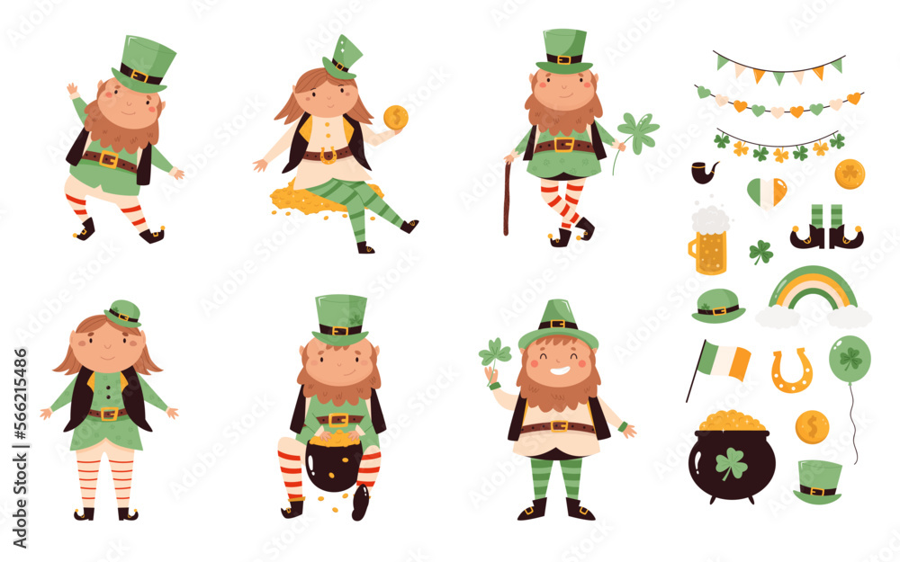 Set of cartoon leprechauns in traditional costumes and holiday symbols and elements Set of cartoon leprechauns in traditional costumes and holiday symbols and elements
