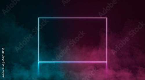 Colored neon glowing rectangle frame stand in darkness, fog effect