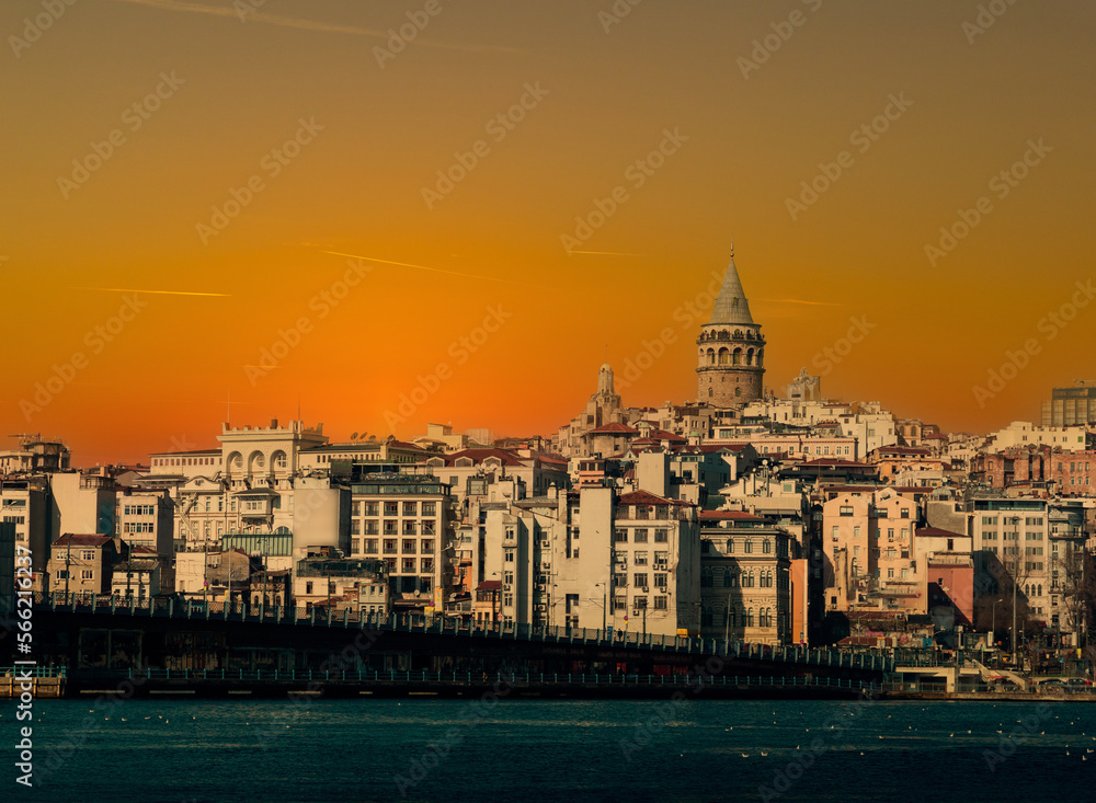Evening shot of the Galata Tower in Istanbul, Turkey.