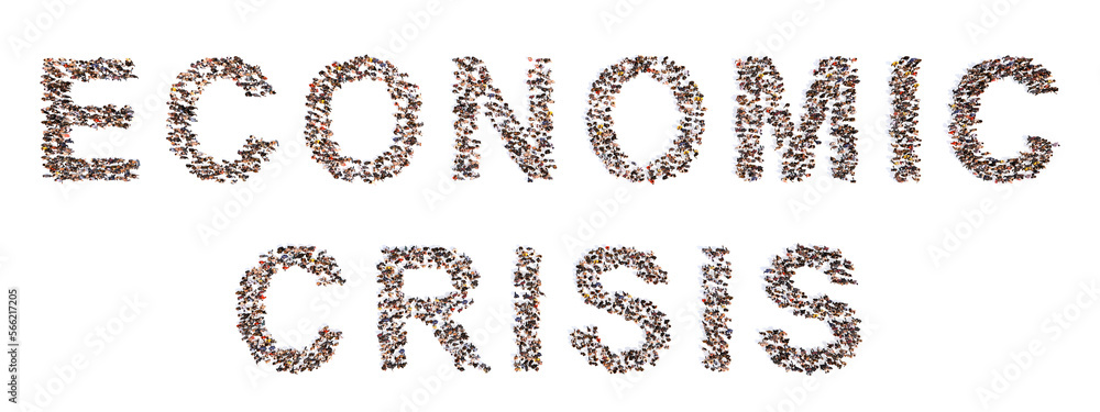 Conceptual large community of people forming the word ECONOMIC CRISIS. 3d illustration metaphor for declining economic activity, bankruptcy, high unemployment, inflation, debt rising and poverty Conceptual large community of people forming the word ECONOMIC CRISIS. 3d illustration metaphor for declining economic activity, bankruptcy, high unemployment, inflation, debt rising and poverty