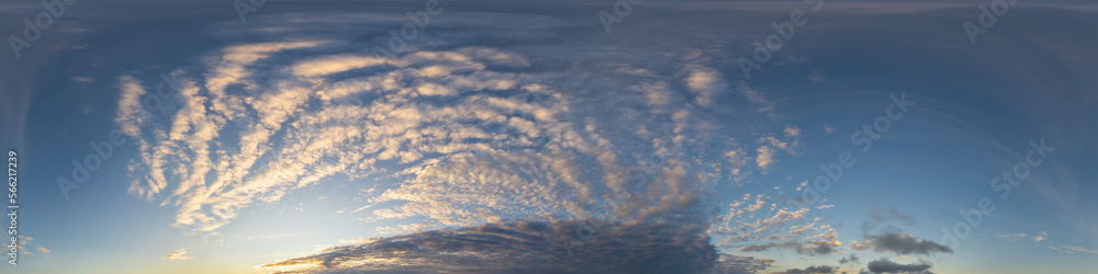 Obraz premium Dark blue twilight sky panorama with Cirrus clouds. Seamless hdr 360 panorama in spherical equiangular format. Full zenith or sky dome for 3D visualization, sky replacement for aerial drone panoramas