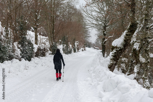 Hiker walking through the snowy forest with leggings and walking stick