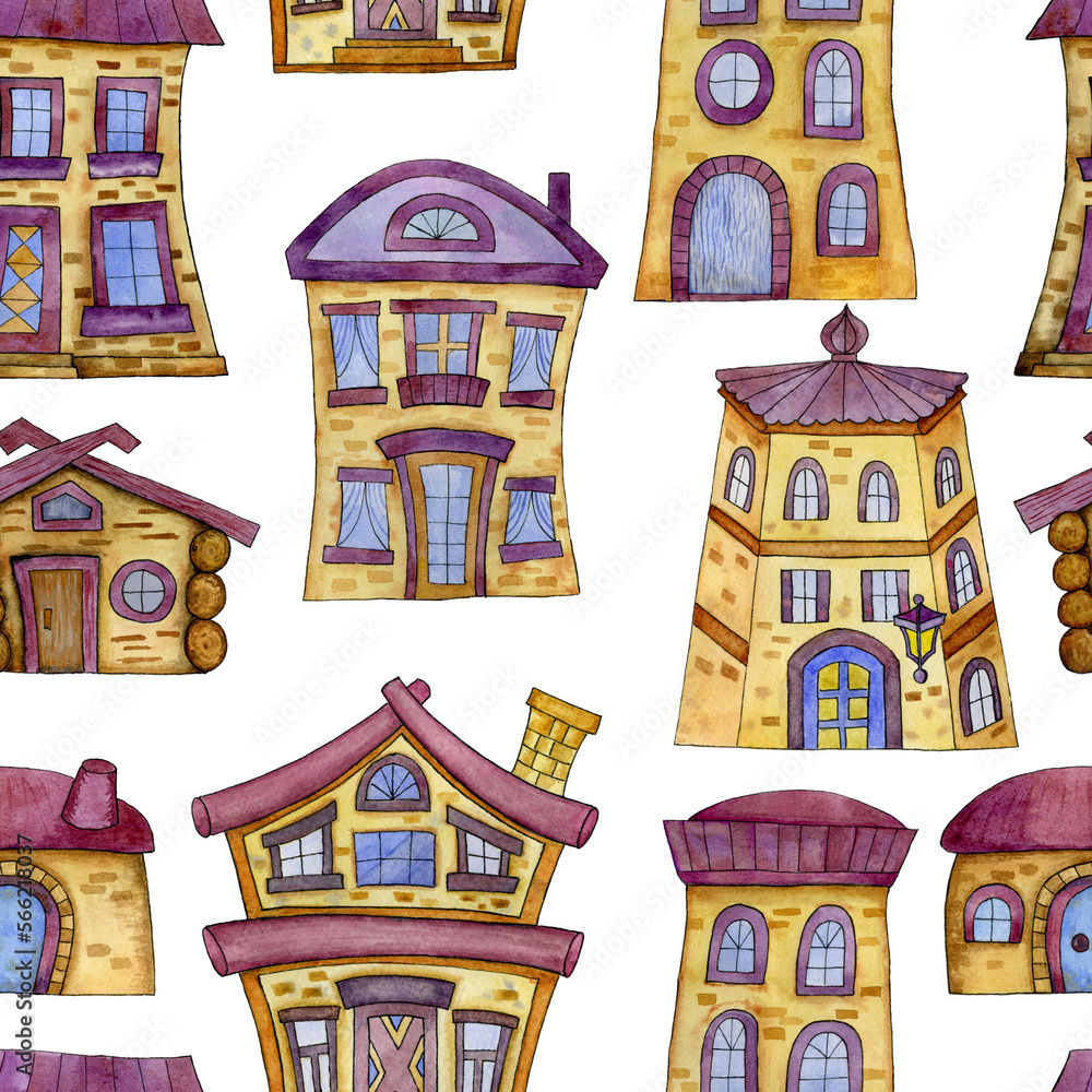 Watercolor image of houses, seamless pattern in the same style for decoration, postcards, wallpaper, leaflets, children's goods. Fabulous dwellings.