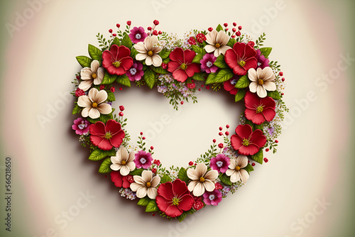 Romantic Floral Heart Shaped Wreath With White and Red Flowers on a Light Creem Background