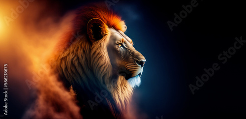 head of young lion looking lateral with copy space for advertisement. Illustration of Portrait of a big male lion with copy space background for banner text. generative, ai