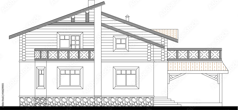 Vector sketch of rustic classic small wooden villa illustration