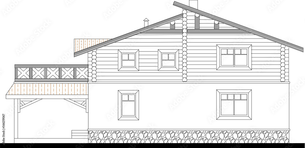 Vector sketch of rustic classic small wooden villa illustration