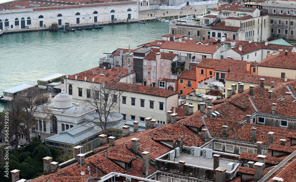 Venice city view from above. Golden hour photo. Beautiful Italian architecture in details. 
