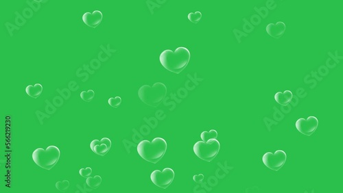 Raising heart shaped bubbles on green screen background motion graphic effect. 